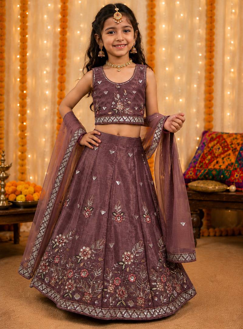 Kid's mauve embroidered barabari silk lehenga choli with bits work and tawil net dupatta for wedding