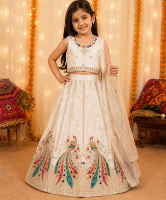 White embroidered girls lehenga choli set in art silk with tawil net dupatta for wedding 1