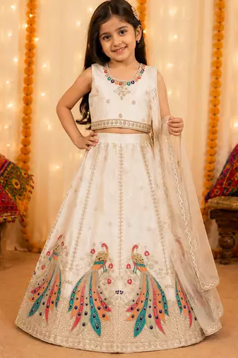 White embroidered girls lehenga choli set in art silk with tawil net dupatta for wedding