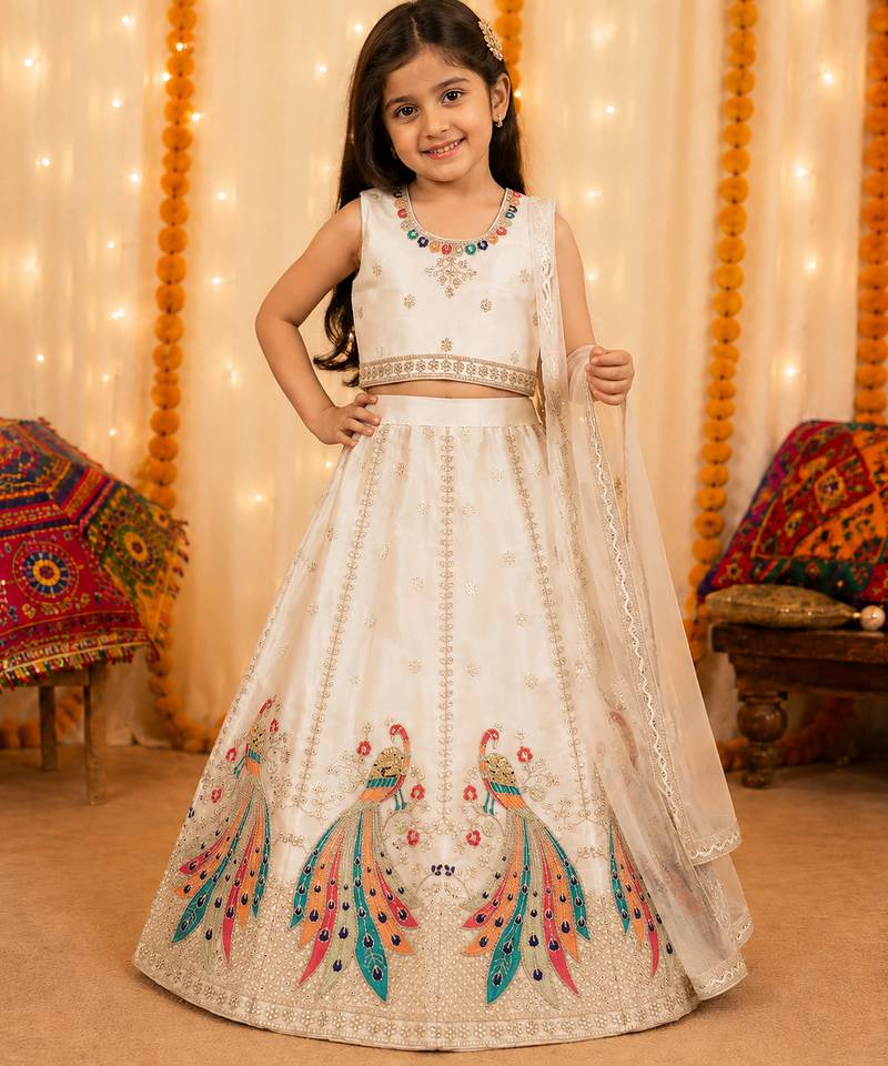 White embroidered girls lehenga choli set in art silk with tawil net dupatta for wedding