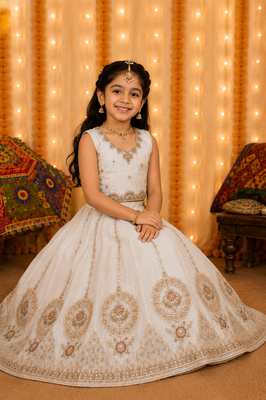 Off white embroidered girls lehenga choli set in fandy silk with khatli beads work for wedding 2