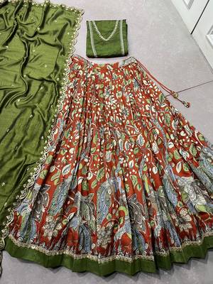 Printed Tussar Silk Lehenga Choli with Intricate Lace Work 5