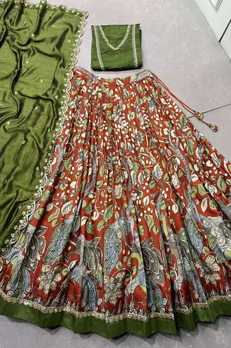 Printed Tussar Silk Lehenga Choli with Intricate Lace Work