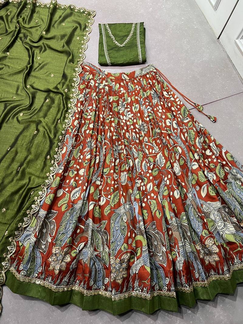 Printed Tussar Silk Lehenga Choli with Intricate Lace Work