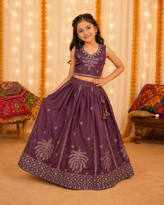 Kid's embroidered lehenga choli set in chocolate silk with beads work for wedding 2
