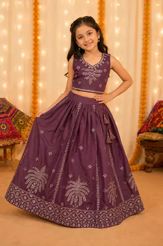 Kid's embroidered lehenga choli set in chocolate silk with beads work for wedding