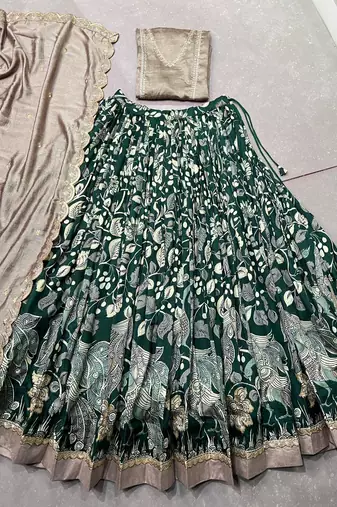 Printed Tussar Silk Lehenga Choli with Intricate Lace Work