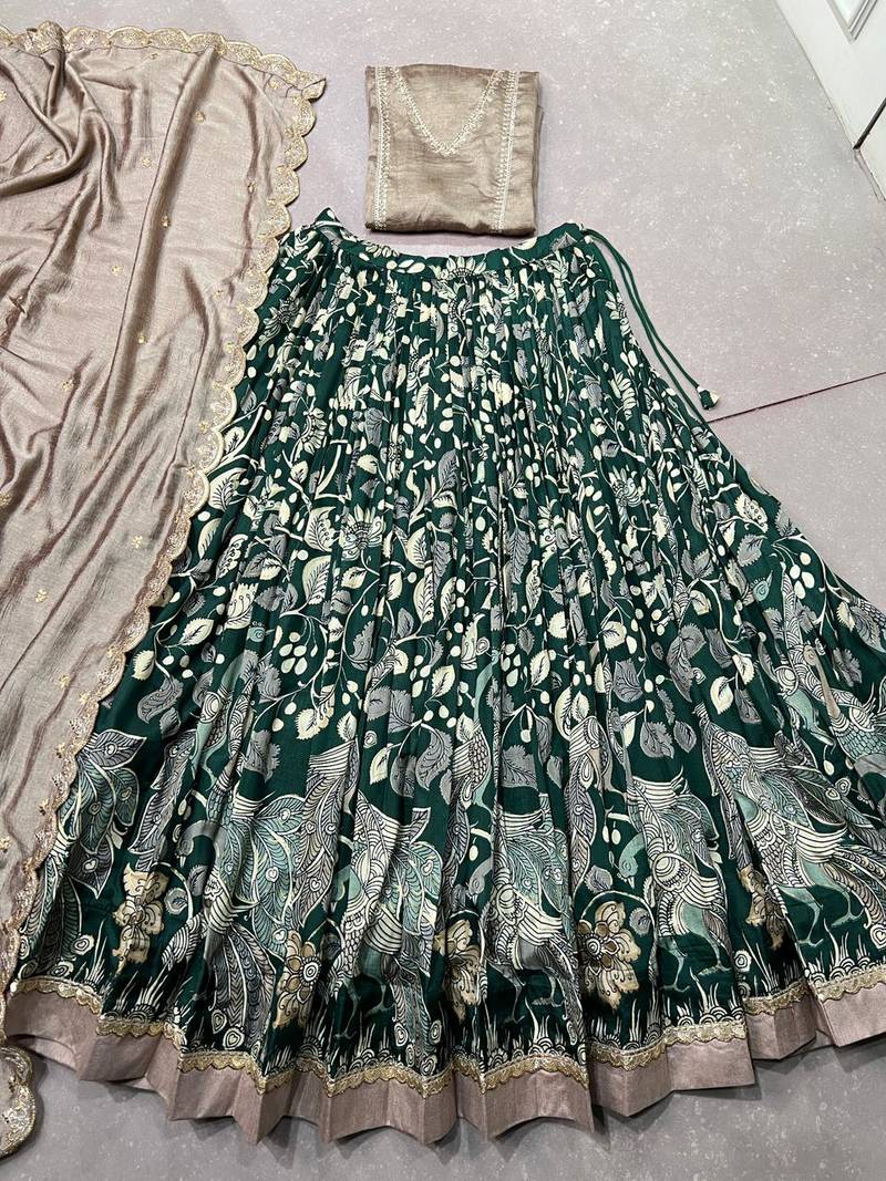 Printed Tussar Silk Lehenga Choli with Intricate Lace Work