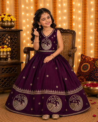 Kid's embroidered girls satin silk lehenga choli set with khatli beads work for wedding 2