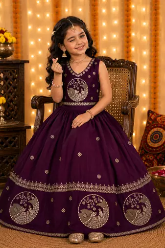 Kid's embroidered girls satin silk lehenga choli set with khatli beads work for wedding