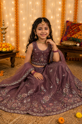 Kid's mauve embroidered barabari silk lehenga choli with bits work and tawil net dupatta for wedding 2