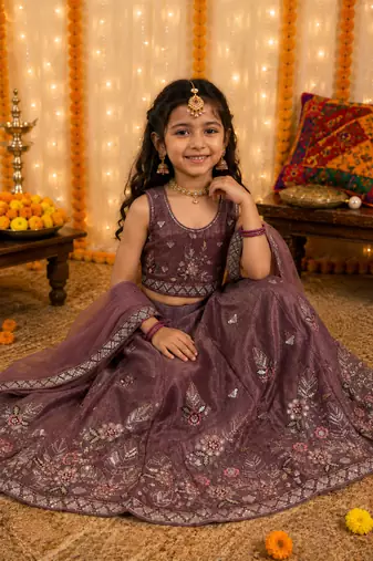 Kid's mauve embroidered barabari silk lehenga choli with bits work and tawil net dupatta for wedding