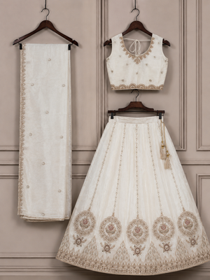 Off white embroidered girls lehenga choli set in fandy silk with khatli beads work for wedding 3