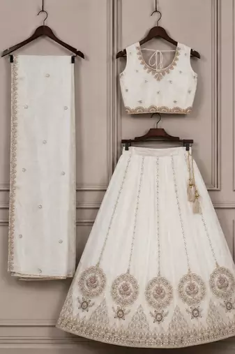 Off white embroidered girls lehenga choli set in fandy silk with khatli beads work for wedding