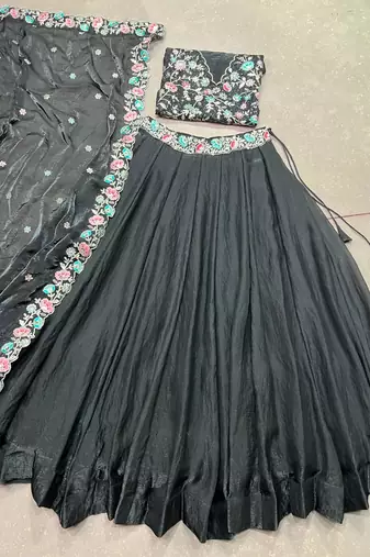 Fendi Black Sequins & Multi Thread Floral Embroidery Lehenga Choli