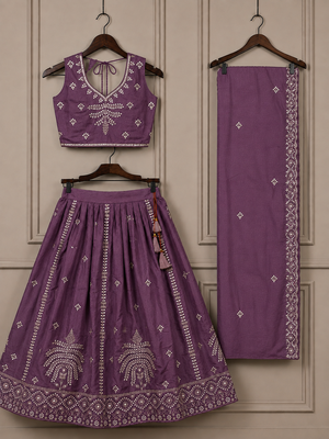 Kid's embroidered lehenga choli set in chocolate silk with beads work for wedding 3