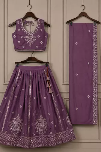 Kid's embroidered lehenga choli set in chocolate silk with beads work for wedding