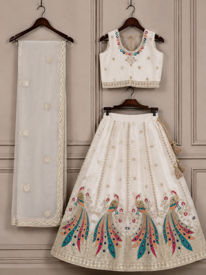 White embroidered girls lehenga choli set in art silk with tawil net dupatta for wedding 2