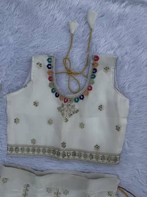 White embroidered girls lehenga choli set in art silk with tawil net dupatta for wedding 3