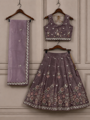 Kid's mauve embroidered barabari silk lehenga choli with bits work and tawil net dupatta for wedding 3