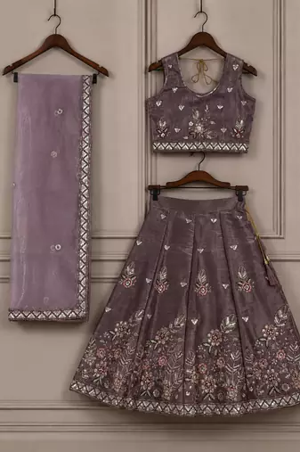 Kid's mauve embroidered barabari silk lehenga choli with bits work and tawil net dupatta for wedding