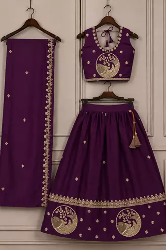 Kid's embroidered girls satin silk lehenga choli set with khatli beads work for wedding