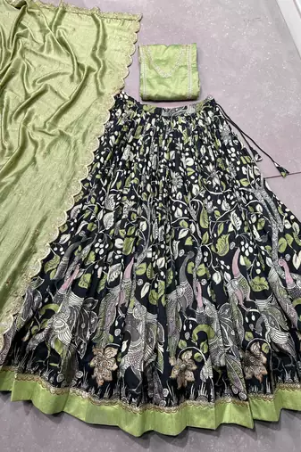 Printed Tussar silk blend Lehenga Choli with Intricate Lace 