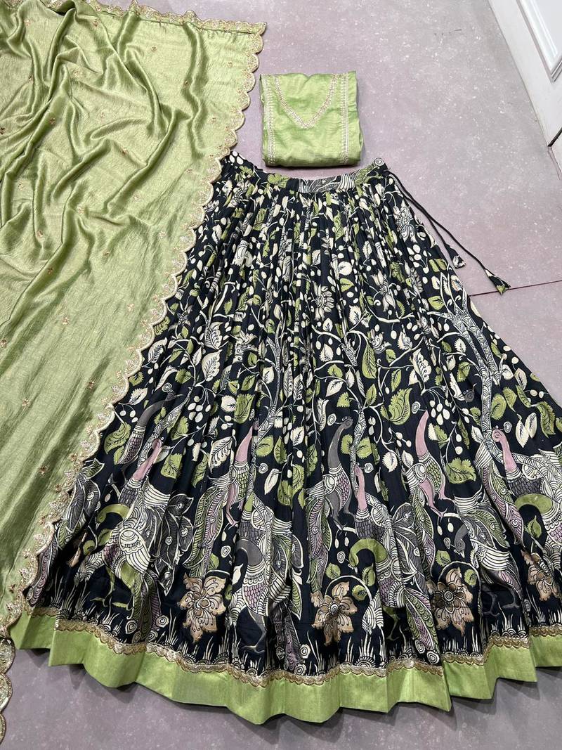 Printed Tussar silk blend Lehenga Choli with Intricate Lace 