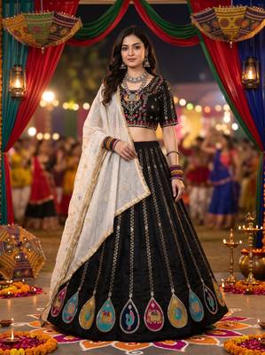 BLACK COLOR ROMAN SILK READYMADE NAVRATRI LEHENGA CHOLI L SIZE 1