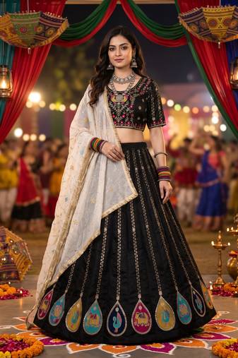 BLACK COLOR ROMAN SILK READYMADE NAVRATRI LEHENGA CHOLI L SIZE