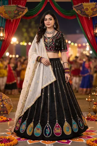 BLACK COLOR ROMAN SILK READYMADE NAVRATRI LEHENGA CHOLI L SIZE