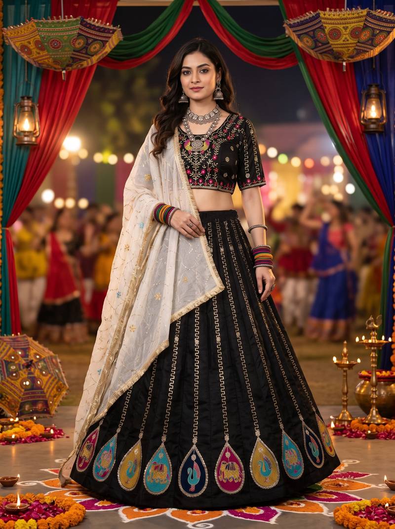 BLACK COLOR ROMAN SILK READYMADE NAVRATRI LEHENGA CHOLI L SIZE