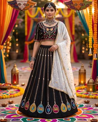 BLACK COLOR ROMAN SILK READYMADE NAVRATRI LEHENGA CHOLI L SIZE 2