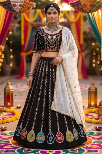 BLACK COLOR ROMAN SILK READYMADE NAVRATRI LEHENGA CHOLI L SIZE