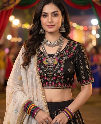 BLACK COLOR ROMAN SILK READYMADE NAVRATRI LEHENGA CHOLI L SIZE 3