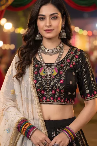 BLACK COLOR ROMAN SILK READYMADE NAVRATRI LEHENGA CHOLI L SIZE