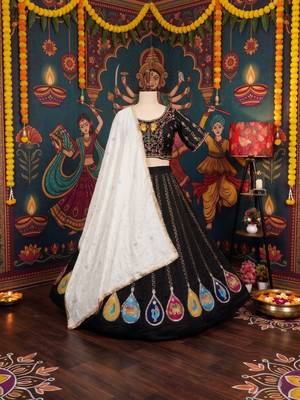 BLACK COLOR ROMAN SILK READYMADE NAVRATRI LEHENGA CHOLI L SIZE 4