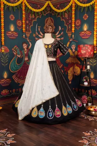 BLACK COLOR ROMAN SILK READYMADE NAVRATRI LEHENGA CHOLI L SIZE
