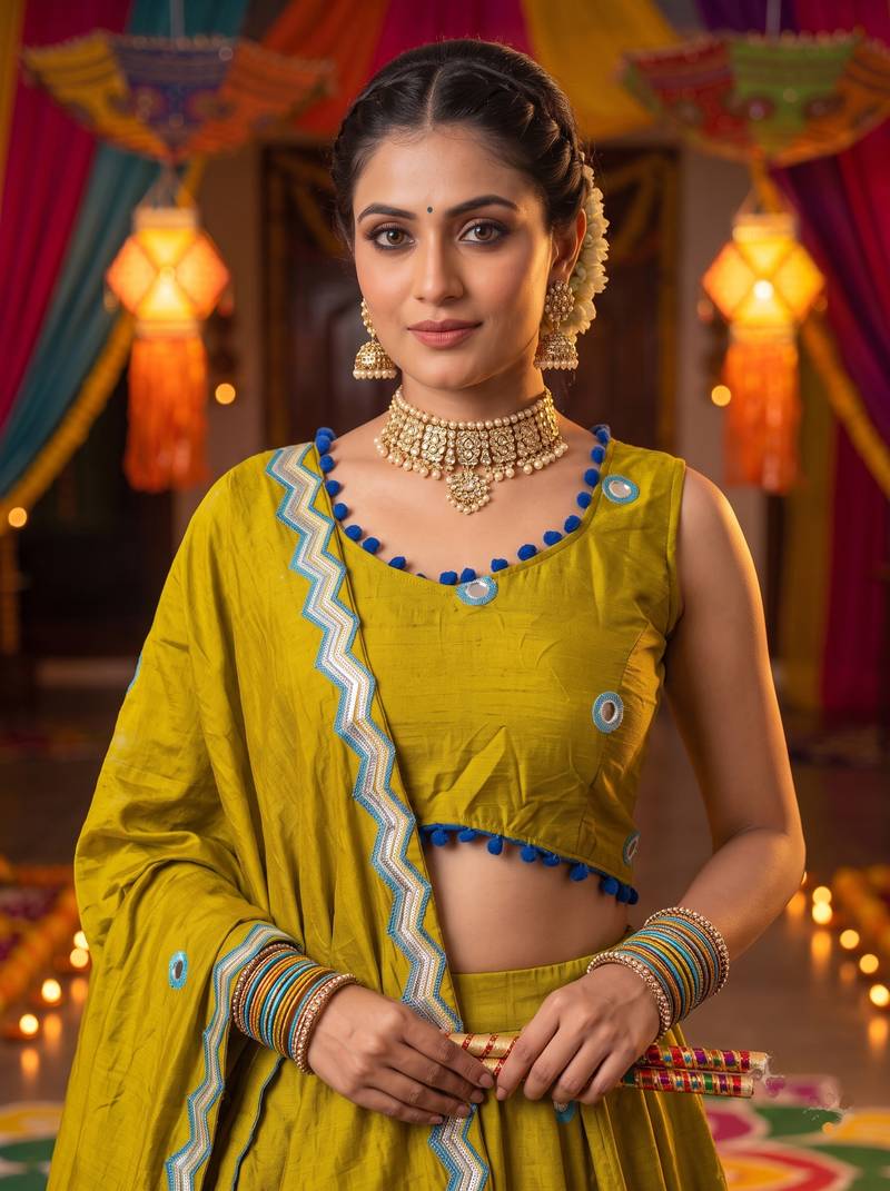 LEMON ROMAN silk blend READYMADE NAVRATRI LEHENGA CHOLI