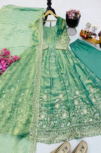 Sea green fendy silk embroidered stitched kurta set