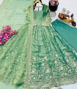 Sea green fendy silk embroidered stitched kurta set