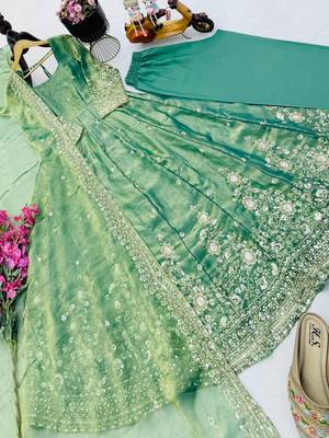 Sea green fendy silk embroidered stitched kurta set 2
