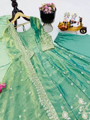 Sea green fendy silk embroidered stitched kurta set 3