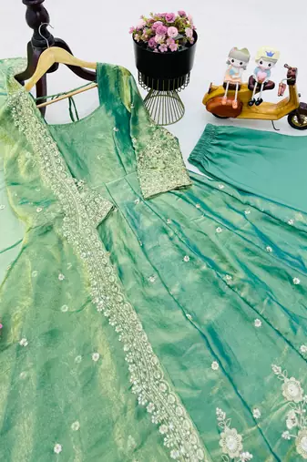 Sea green fendy silk embroidered stitched kurta set
