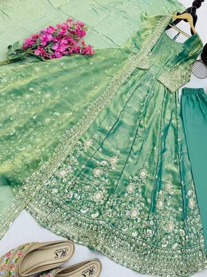 Sea green fendy silk embroidered stitched kurta set 4