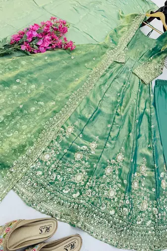 Sea green fendy silk embroidered stitched kurta set