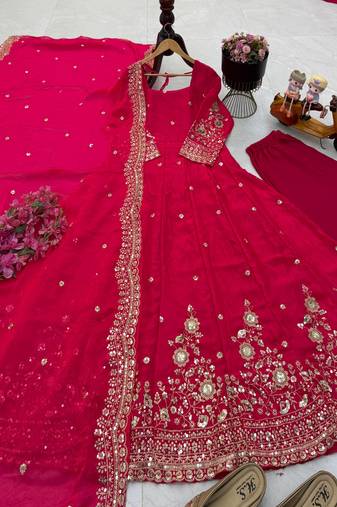 Pink fendy silk embroidered stitched kurta set