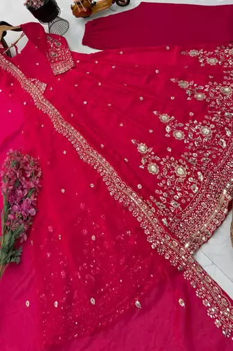 Pink fendy silk embroidered stitched kurta set