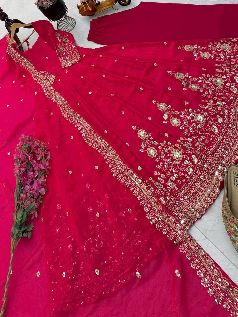 Pink fendy silk embroidered stitched kurta set