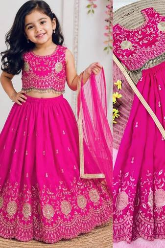 Kids pink color lehenga choli with Dupatta embroidery work